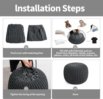 HOMBYS Unstuffed Ottoman Pouf Cover, 100% Cotton Handmade Knitted Ottoman Pouf Cover Round Foot Stool, Floor Bean Bag Chair, Foot Rest with Storage for Living Room Bedroom, Grey(Cover ONLY NO Filler)