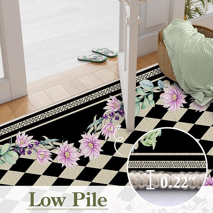 Vintage Farmhouse Checkered Hallway Carpet, 2.6x10ft, Elegant Floral Flower Checkerboard Indoor Throw Rugs, Absorbent Washable Foldable No Crease High Traffic Mat for Laundryroom Floor