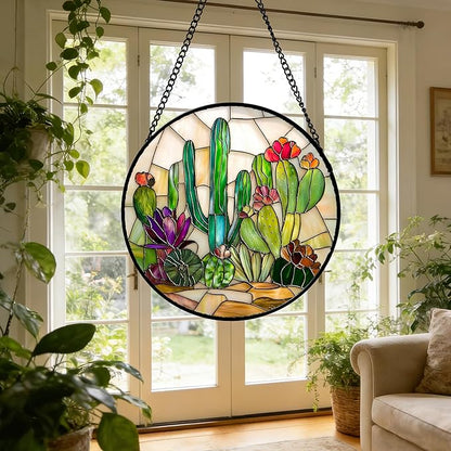 DASTOLL Stained Glass Window Hanging, White Green Cactus Suncatcher Diamond Glass Panel Hangings Sun Catchers Decor for Birthday for Women, Men, Wife, Aunt, and Mom 11.8x11.8 in