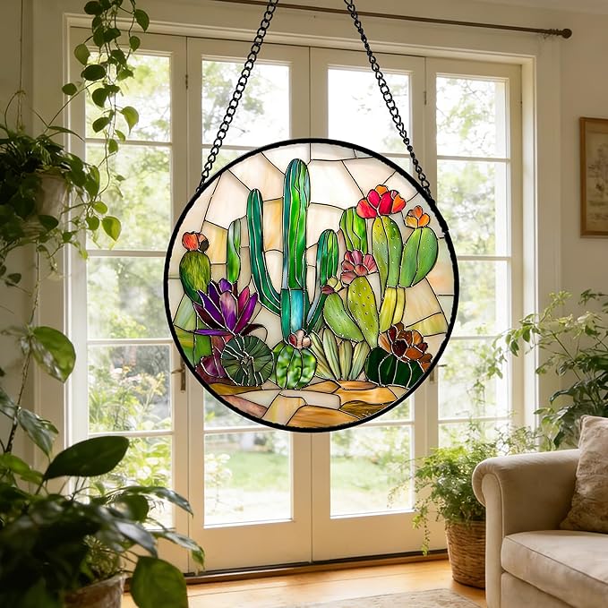 DASTOLL Stained Glass Window Hanging, White Green Cactus Suncatcher Diamond Glass Panel Hangings Sun Catchers Decor for Birthday for Women, Men, Wife, Aunt, and Mom 9.8 in