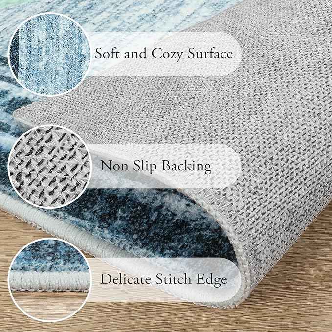 Lahome Modern Abstract Runner Rug, Washable Blue 2.5x10 Kitchen Runner Non Slip Runners for Hallways 10ft, Low-Pile Long Entryway Rug Indoor Soft Carpet Runner for Bedroom Hall
