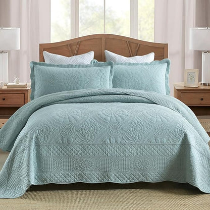 MarCielo 100% Cotton Quilt Set - 3-Piece Embroidered Farmhouse Bedspread & Shams, All-Season Breathable Bedding (Tf Aruba Blue, King)