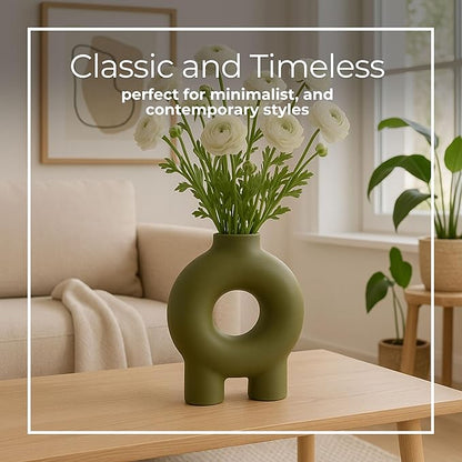 Modern Geometric Ceramic Vase – Stoneware Flower Holder with Unique Circular Design – Decorative Accent for Home Decor, Living Room, Bedroom, Office, Shelf & Table Display – 7", Olive Color