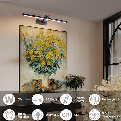 23.6 Inch Battery Operated Picture Lights for Wall Rechargeable Art Lighting for Paintings Wireless Gallery Lights with Remote Control and Dimmable Timed Off Black Wall Lights