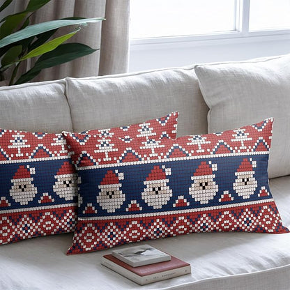 Dark Blue Red Christmas Lumbar Pillow Covers 12x20 Set of 2 Xmas Santa Tree Pattern Decorative Outdoor Farmhouse Pillowcases Decorations Winter Holiday Throw Cushion Cover Decor for Couch Sofa Bed