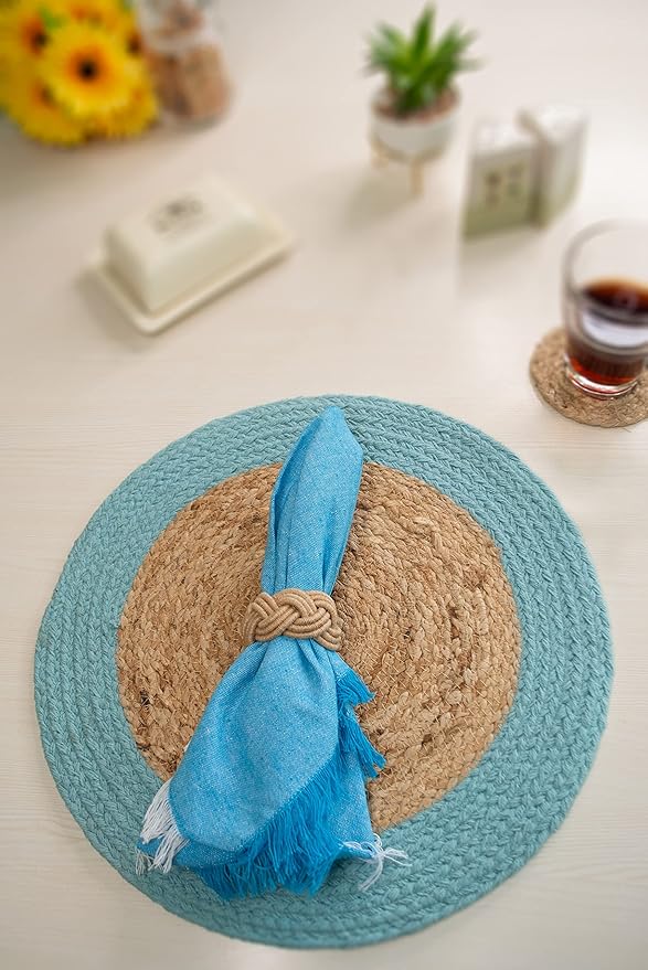 Chardin home Round Verona Woven Jute & Cotton Braided PLACEMAT (Set of 4), Size -15” Round, Color - Natural Jute with Aqua Blue Border.