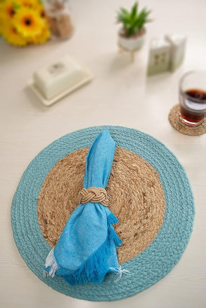 Chardin home Round Verona Woven Jute & Cotton Braided PLACEMAT (Set of 4), Size -15” Round, Color - Natural Jute with Aqua Blue Border.