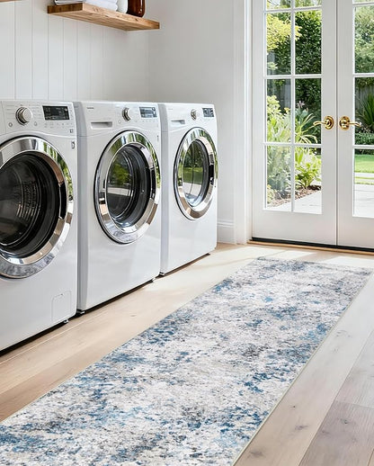 Modern Abstract Washable Runner Rugs - 2x8 Soft Long Rug Stain Resistant Non Slip Low Pile Accent Carpet for Indoor Entryway Hallway Kitchen Laundry - Grey/Blue