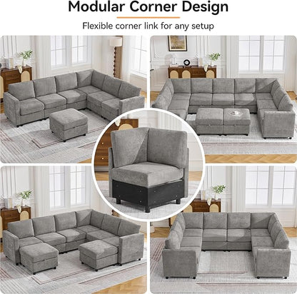 104'' U Shaped Modular Sofa, Sectional Couches with Storage for Living Room, Oversized 8 Seater Cloud Sectional Couch, Chenille Grey