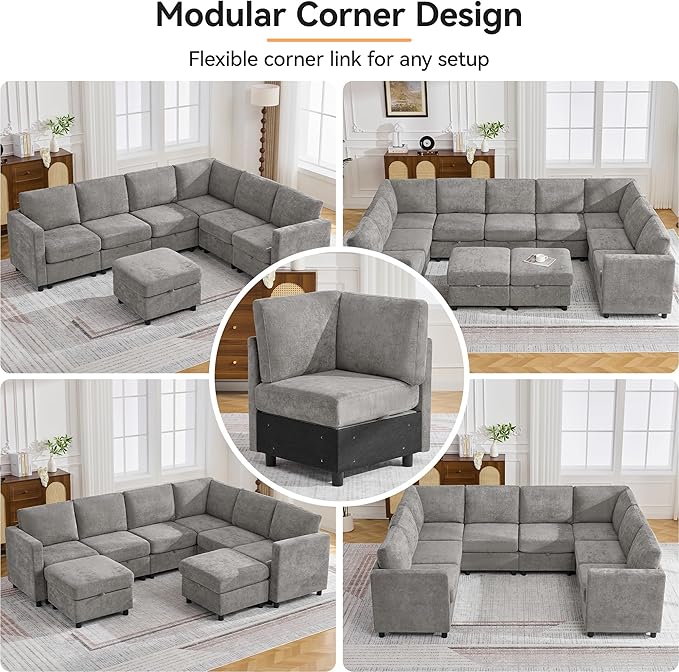 127'' Oversized U Shaped Modular Sofa, Sectional Couches with Storage for Living Room, Modern 9 Seater Cloud Sectional Couch with Movable Ottoman, Chenille Grey