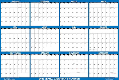 24" x 36" SwiftGlimpse 2026 Wall Calendar Erasable Large Wet & Dry Erase Laminated 12 Month Annual Yearly Wall Planner, Reversible, Horizontal/Vertical, Navy