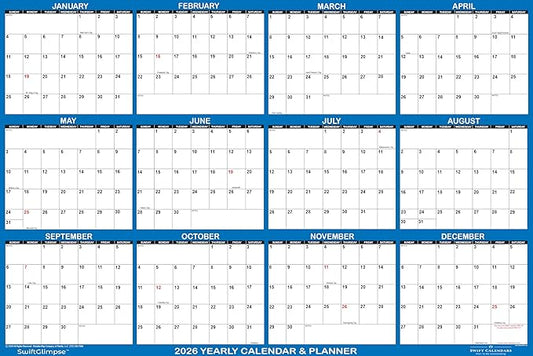 24" x 36" SwiftGlimpse 2026 Wall Calendar Erasable Large Wet & Dry Erase Laminated 12 Month Annual Yearly Wall Planner, Reversible, Horizontal/Vertical, Navy