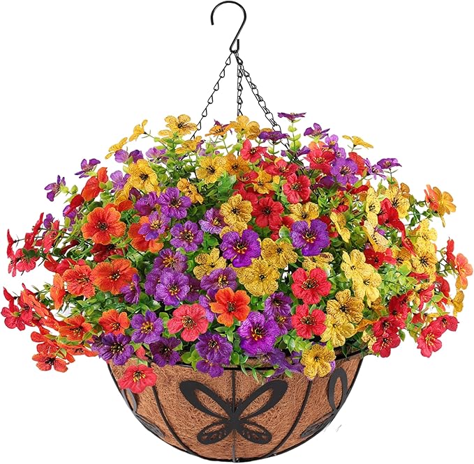 Artificial Faux Hanging Flowers Plants Basket for Outdoors Outside Home Decoration,Hanging Planters with Realistic Silk Fake Daisy Flowers UV Resistant for Balcony Patio Porch Spring Summer Multicolor