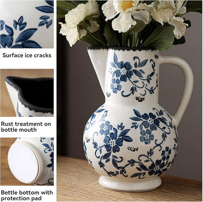 Blue and White Vintage Vase with Handle, Ceramic Chinoiserie Floral Pitcher Vase, Blue Large Vases for Home Decor Living Room, Rustic Table Centerpiece Grand Millennial and Tuscan Decor 8.7 Inch