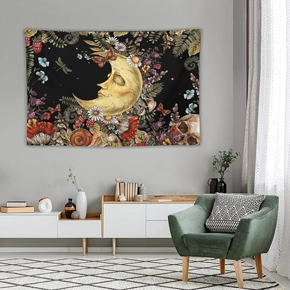 Boho Moon Tapestry Wall Hanging,Vintage Sun and Moon Skull Hippie Mushroom Floral Plant Tapestries for Dorm Living Room Bedroom Decor(40"x60")