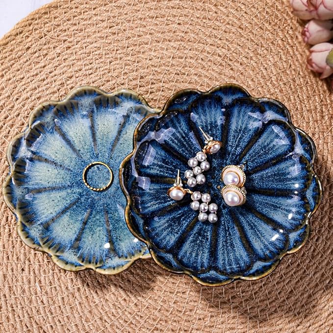 Ceramic Jewelry Dish Ring Plate Tray Vintage Lotus Shaped Jewelry Key Bowl Ring Holder for Jewelry Wedding Engagement Gift Set of 2(Blue and Green)