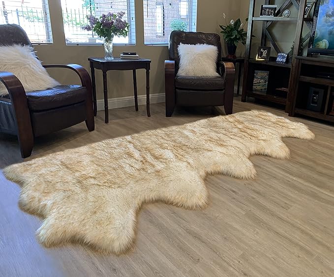 LAMBZY Faux Sheepskin Super Soft Hypoallergenic Silky Shag Rug for Living Room, Kids Room, Sofa (5 Pelts Side by Side 3'x10', White/Brown Tips)