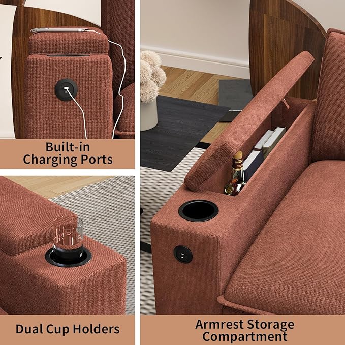 81.5" Loveseat Cloud Sofa Couch with Storage Armrest, Cup Holders, USB & Type-C Ports, Spring Cushions, Solid Wood Frame, Chenille Modular Sectional for Living Room