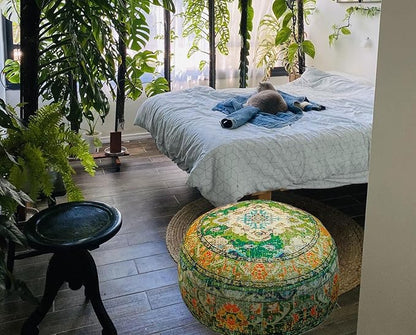 Indian Yoga Décor Pouf Cover Green Round Green Floor Pillow Case Room Décor Moroccan Décorative Cushion Perfect for Living Room, Bedroom, Nursary or Children Room Cotton 24x8 Unstuffed