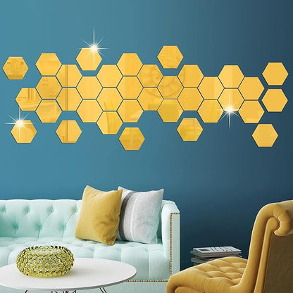 RW-103 36 Pcs Acrylic Hexagon Mirror Decals DIY Removable 3D Geometric Mirror Art Setting Wall Decor for Bedroom, Living Room, Office, Kitchen & Home (Gold)