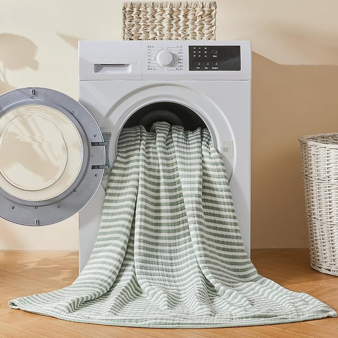 EMME Cotton Muslin Twin XL Blanket Breathable Gauze Soft Lightweight Adults Gifts for Women (Striped Sage Green, 66"x90")