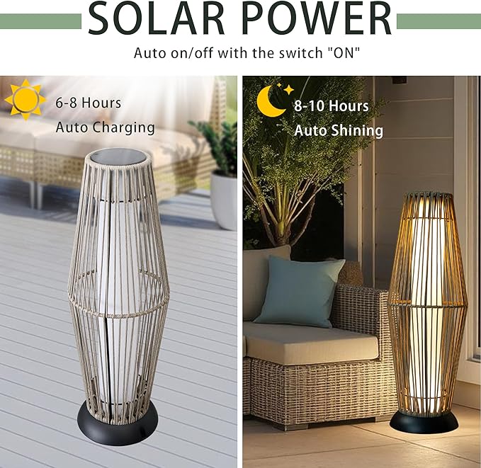 TRIROCKS Outdoor Floor Lamp 2 Piece Solar Powered Lantern Wicker Solar Patio Lamp with Olifen Rope Waterproof Rattan Outside Solar Deck Light for Patio Garden Lawn Yard (Grey)