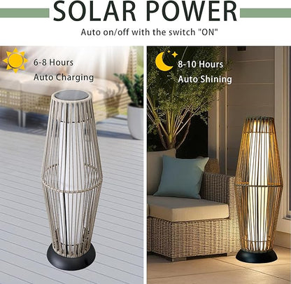 TRIROCKS Outdoor Floor Lamp 2 Piece Solar Powered Lantern Wicker Solar Patio Lamp with Olifen Rope Waterproof Rattan Outside Solar Deck Light for Patio Garden Lawn Yard (Grey)