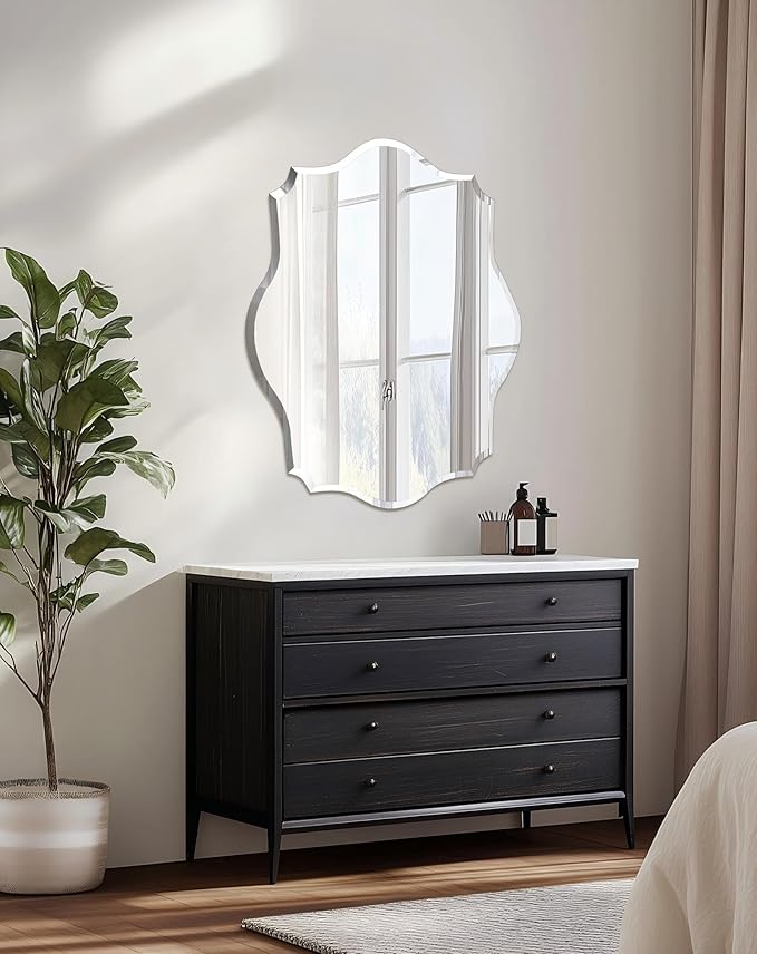 Frameless Scalloped Wall Mirror: Decorative Scallop Oval Mirrored Glass Vanity with Beveled Silver Edge for Bathroom Bedroom Livingroom Dining Room Entryway Hallway, 32 x 24 inch