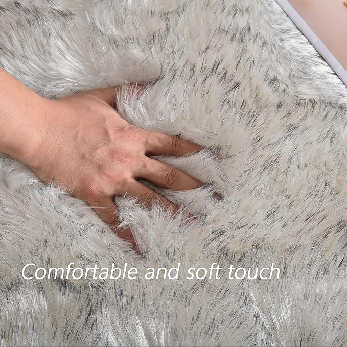 Latepis Faux Fur White with Grey Tips 2x8 Runner Rug for Hallway Fluffy Rugs Furry Shag Washable Rug for Living Room Hallway Rugs Rectangle
