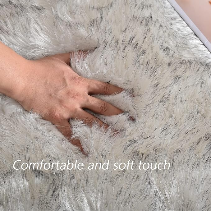 Latepis White with Grey Tips Faux Sheepskin Fur Rug 8x10 for Living Room Bedroom Washable Living Room Luxury Room Decor Fluffy Rug Rectangle