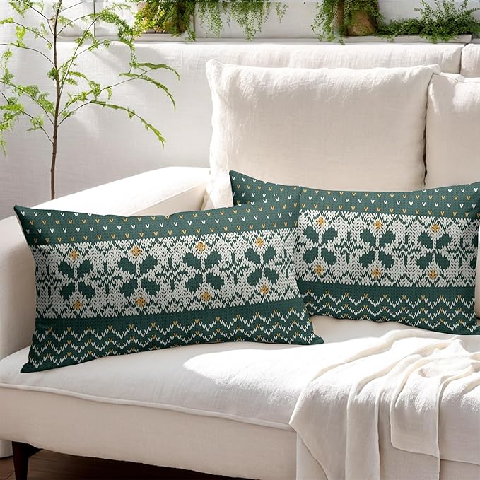 Dark Green Christmas Lumbar Pillow Covers 12x20 Set of 2 Xmas Floral Pattern Rustic Decorative Outdoor Farmhouse Pillowcases Decorations Winter Holiday Throw Cushion Cover Decor for Couch Sofa Bed
