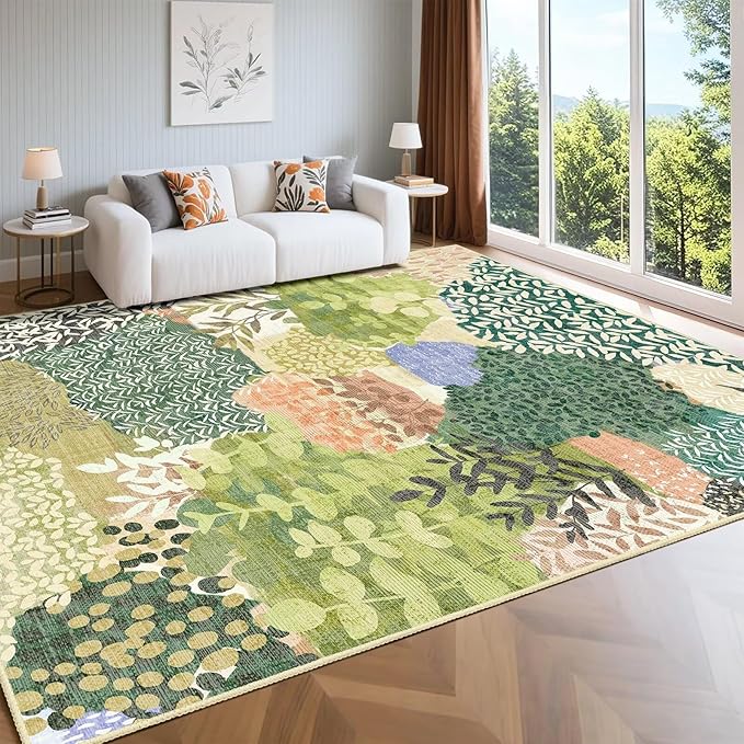 DEXDE 8x10 Area Rug, Soft Washable Abstract Area Rugs Non-Slip Vintage Boho Rug Leaves Floral Print Carpet for Living Room, Bedroom, Entryway, Office, Dining Room, Kids Playroom,Green