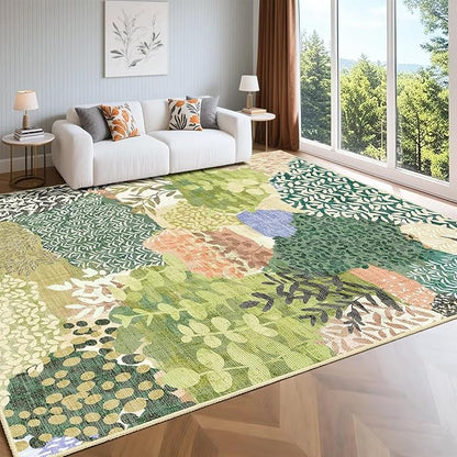 DEXDE 8x10 Area Rug, Soft Washable Abstract Area Rugs Non-Slip Vintage Boho Rug Leaves Floral Print Carpet for Living Room, Bedroom, Entryway, Office, Dining Room, Kids Playroom,Green