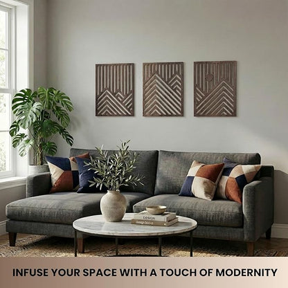 qmmp Modern Wooden Wall Sculptures - Set of 3 - Home Decor Accent - Large Wall Art for Living Room, Bedroom, Office - Easy Installation (Walnut, Large - Mountain and Sun, Unframed)