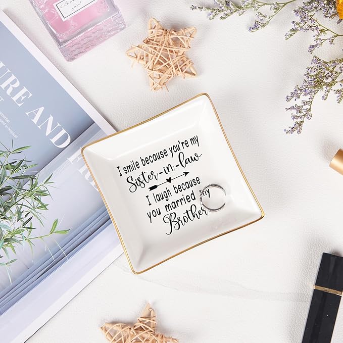 Sister in Law Gifts Ring Dish- I Smiled Because You're My Sister in Law Jewelry Dish Tray Trinket Dish, Birthday Gifts for Sister in Law Wedding Christmas Valentines Mother's Day Gift, White