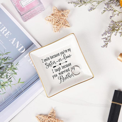 Sister in Law Gifts Ring Dish- I Smiled Because You're My Sister in Law Jewelry Dish Tray Trinket Dish, Birthday Gifts for Sister in Law Wedding Christmas Valentines Mother's Day Gift, White