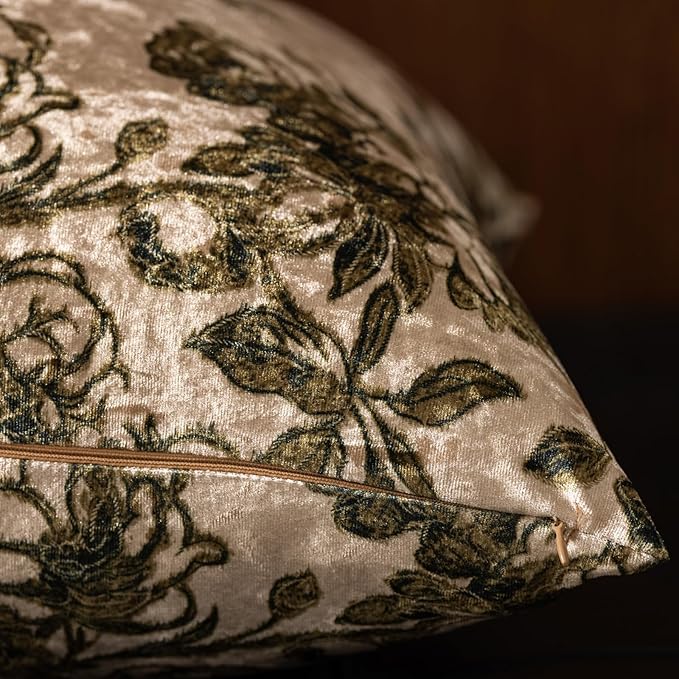 Velvet Floral Print Throw Pillow Covers Set of 2, Superior Soft Decorative Pillow Cases with Luxurious Silky Textured Vintage Cushion Covers for Home Decor Couch Sofa Bed (Champagne, 18x18)