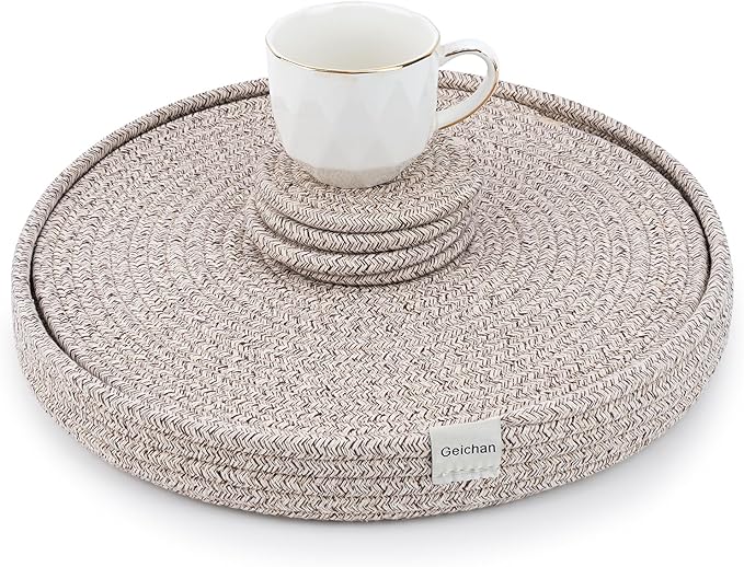 Round Placemats Set of 9 with Holder Included, Cotton Rope Woven Place Mats, Hot Pads for Kitchen,Non-Slip Heat Resistant Table Mats, 13 Inch Farmhouse Washable Braided Handmade Boho Placemat