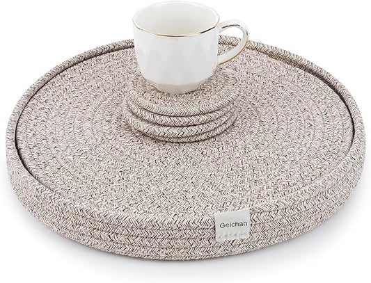 Round Placemats Set of 9 with Holder Included, Cotton Rope Woven Place Mats, Hot Pads for Kitchen,Non-Slip Heat Resistant Table Mats, 13 Inch Farmhouse Washable Braided Handmade Boho Placemat