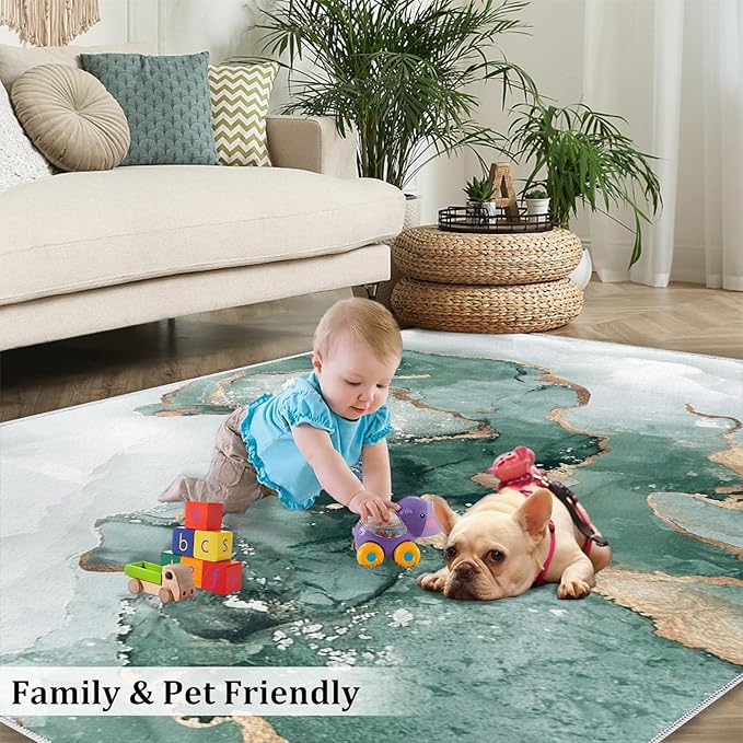 Nordic Luxury Green Gold Marble Area Rug, Marble Painting Ombre Emerald Green Print Large Rugs, Machine Washable Breathable Durable Carpet for Front Entrance Floor Living Room Decor,6 x 9ft