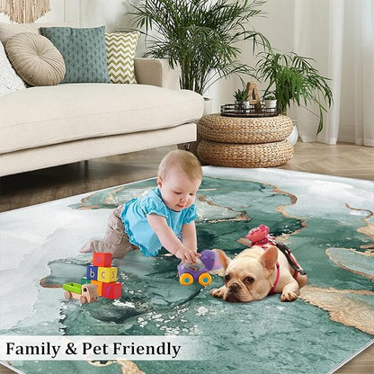 Nordic Luxury Green Gold Marble Area Rug, Marble Painting Ombre Emerald Green Print Large Rugs, Machine Washable Breathable Durable Carpet for Front Entrance Floor Living Room Decor,6 x 8ft