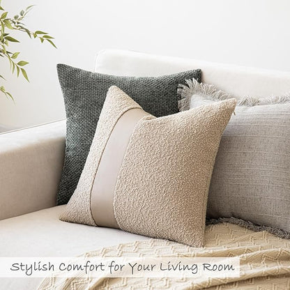 24"x24" Oatmeal Boucle Pillow Covers with Faux Leather Accents Set of 2 Fluffy Textured Decorative Throw Pillow Cases for Couch Bed Boho Farmhouse Square Cushion Covers for Home Décor