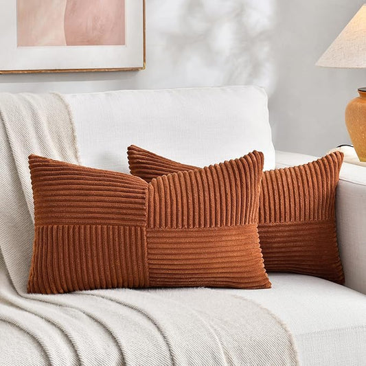 Fancy Homi 2 Packs Rust Lumbar Decorative Throw Pillow Covers 16x28 Inch for Bedroom Couch Bed, Rustic Farmhouse Boho Home Decor, Soft Striped Corduroy Rectangle Accent Terracotta Cushion Case 40x70cm