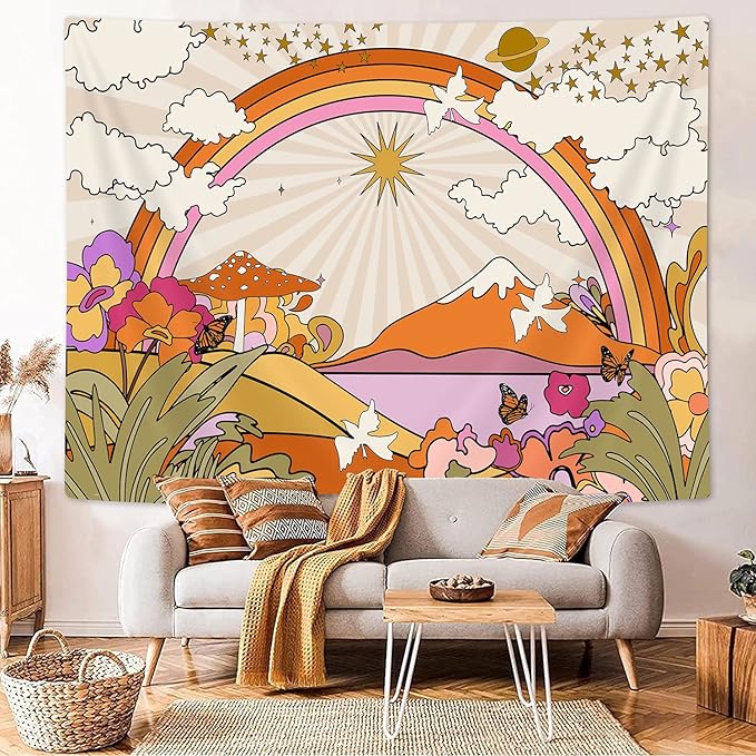 TOMOZ Vintage 70s 60s Groovy Tapestry, Retro Flowers Clouds Sun and Rainbow Tapestry Wall Hanging, Orange Boho Hippie Psychedelic Tapestries for Bedroom Living Room Dorm Decor 90 x 60Inch
