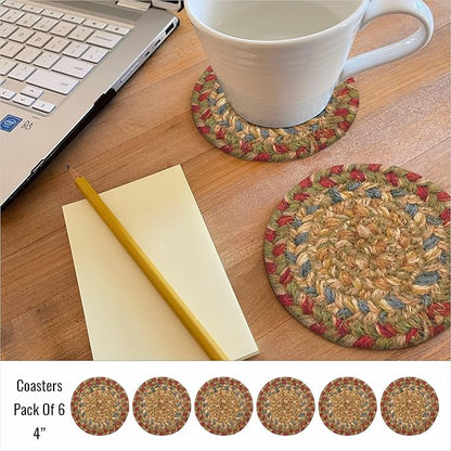 Homespice Azalea Jute Woven Coasters 4", Warm Country Primitive Decor, Set of 6, Multicolor - Durable, Absorbs Moisture, Easy to Clean and Protects Furniture