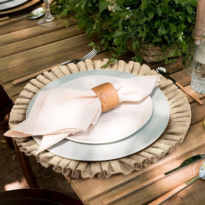Aneco 6 Pack 15 Inch Round Burlap Placemats Braided Jute Placemats with Ruffle Edge Heat Resistant Reusable Brown Table Mats for Weddings Parties Holidays Dining Table