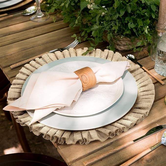 Aneco 12 Pack 15 Inch Round Burlap Placemats Braided Jute Placemats with Ruffle Edge Heat Resistant Reusable Brown Table Mats for Weddings Parties Holidays Dining Table