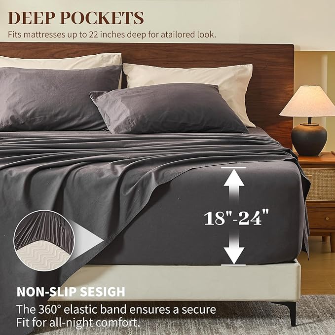 MEISHANG 100% French Pure Linen Sheets California King Size - Extra Deep Pocket Sheet Set, Soft Durable Flax Linen, Anti-Tear Breathable & Oeko-Tex Certified 18-24 Deep Pocket,All Season(Dark Grey)