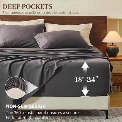 MEISHANG 100% French Pure Linen Sheets King Size - Extra Deep Pocket Sheet Set, Soft Durable Flax Linen, Anti-Tear Breathable & Oeko-Tex Certified 18-24 Deep Pocket,All Season(Dark Grey)