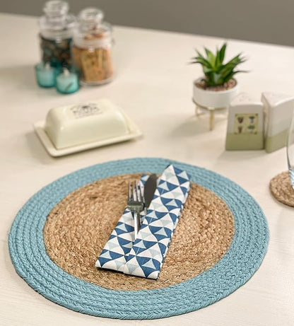 Chardin home Round Verona Woven Jute & Cotton Braided PLACEMAT (Set of 4), Size -15” Round, Color - Natural Jute with Aqua Blue Border.